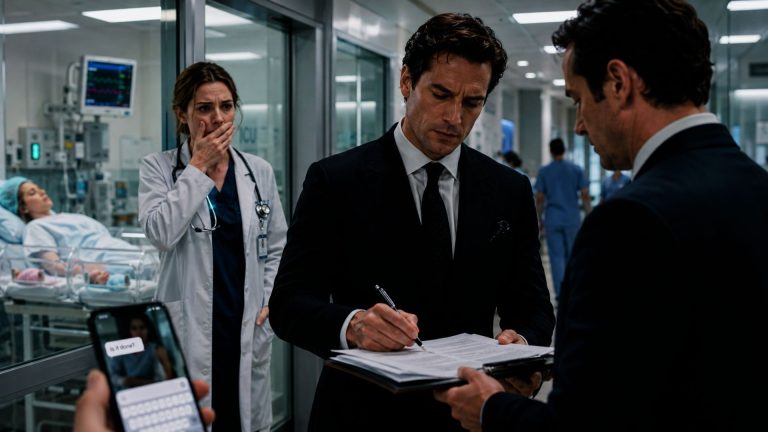 Wealthy husband signs divorce papers in a hospital corridor while his wife remains in critical condition inside the ICU after giving birth to twins.